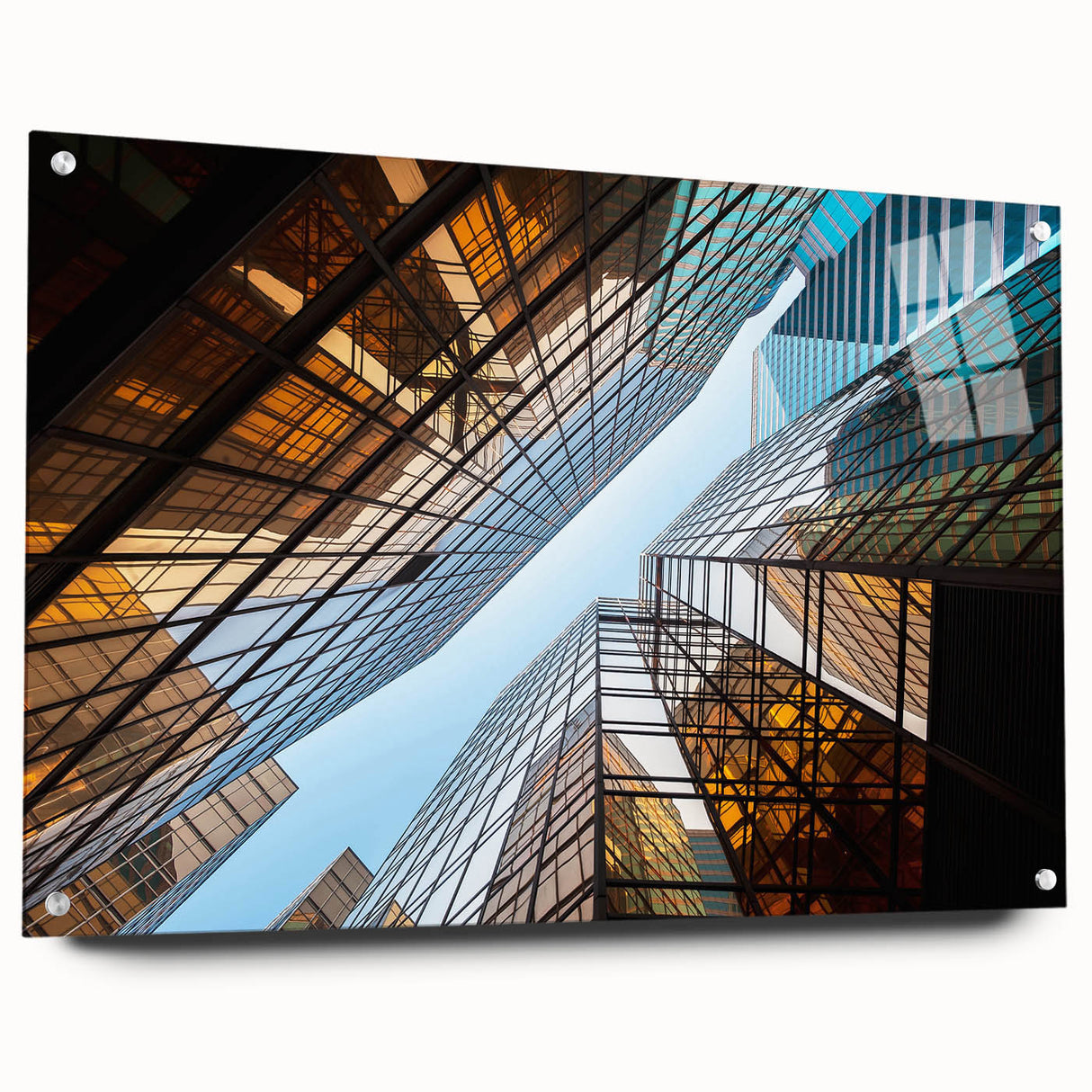 Large abstract wall art of a modern skyscraper in muted gray tones, acrylic print, suitable for bedroom or dining room decor.