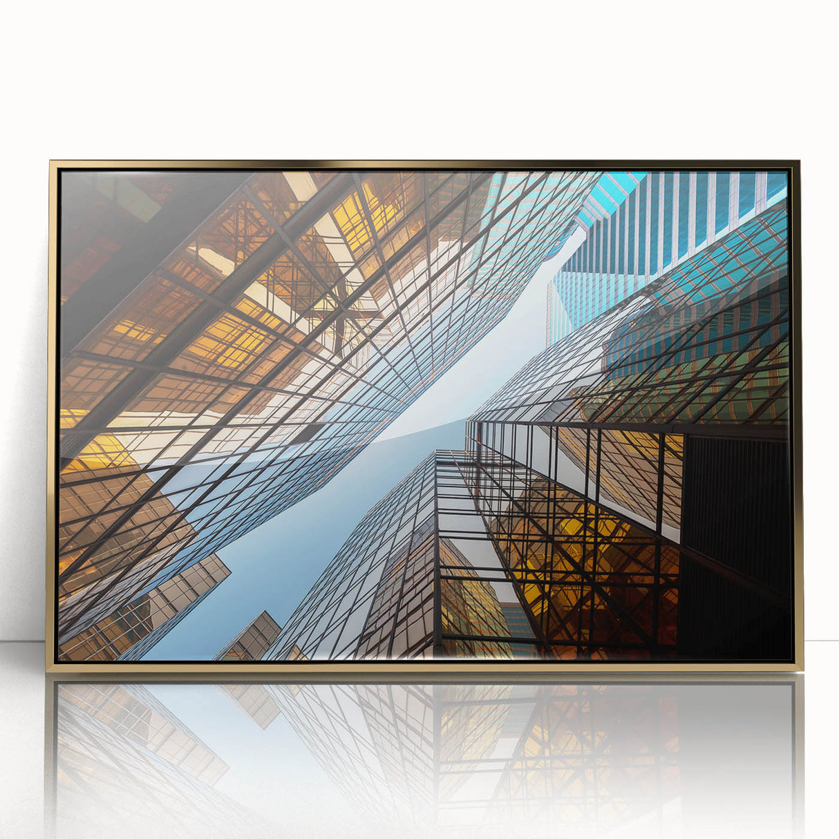 Mid-century modernist art depicting skyscrapers in acrylic, with a gold frame, suitable for modern art wall decor.
