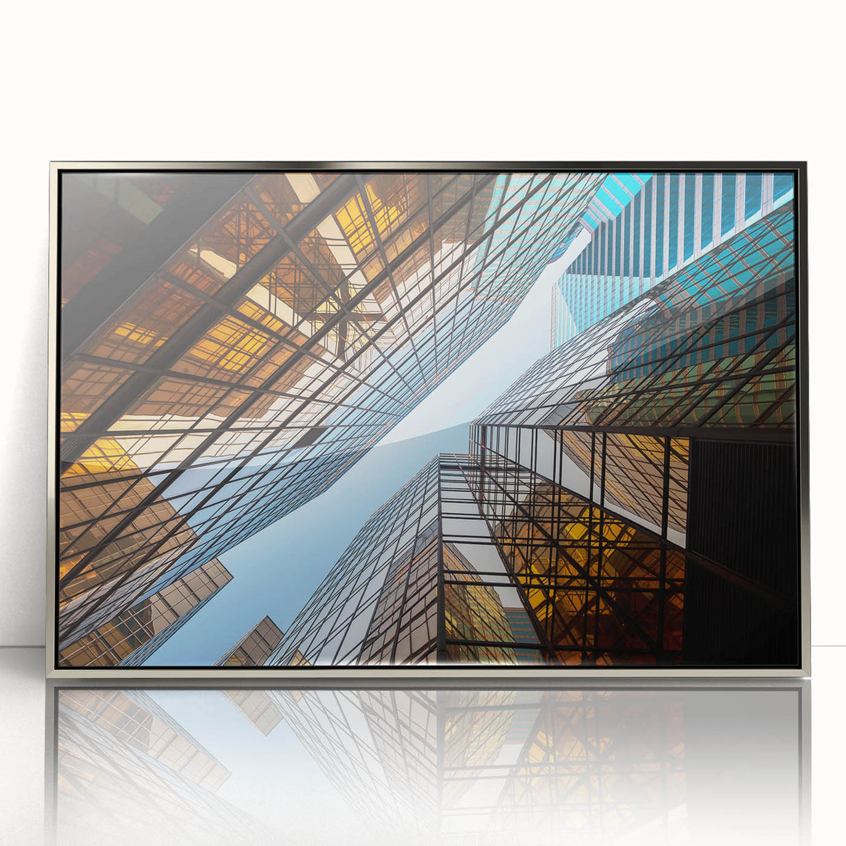 Art Deco poster of a skyscraper, in silver and gray tones on a framed acrylic, suitable for modern art wall decor.
