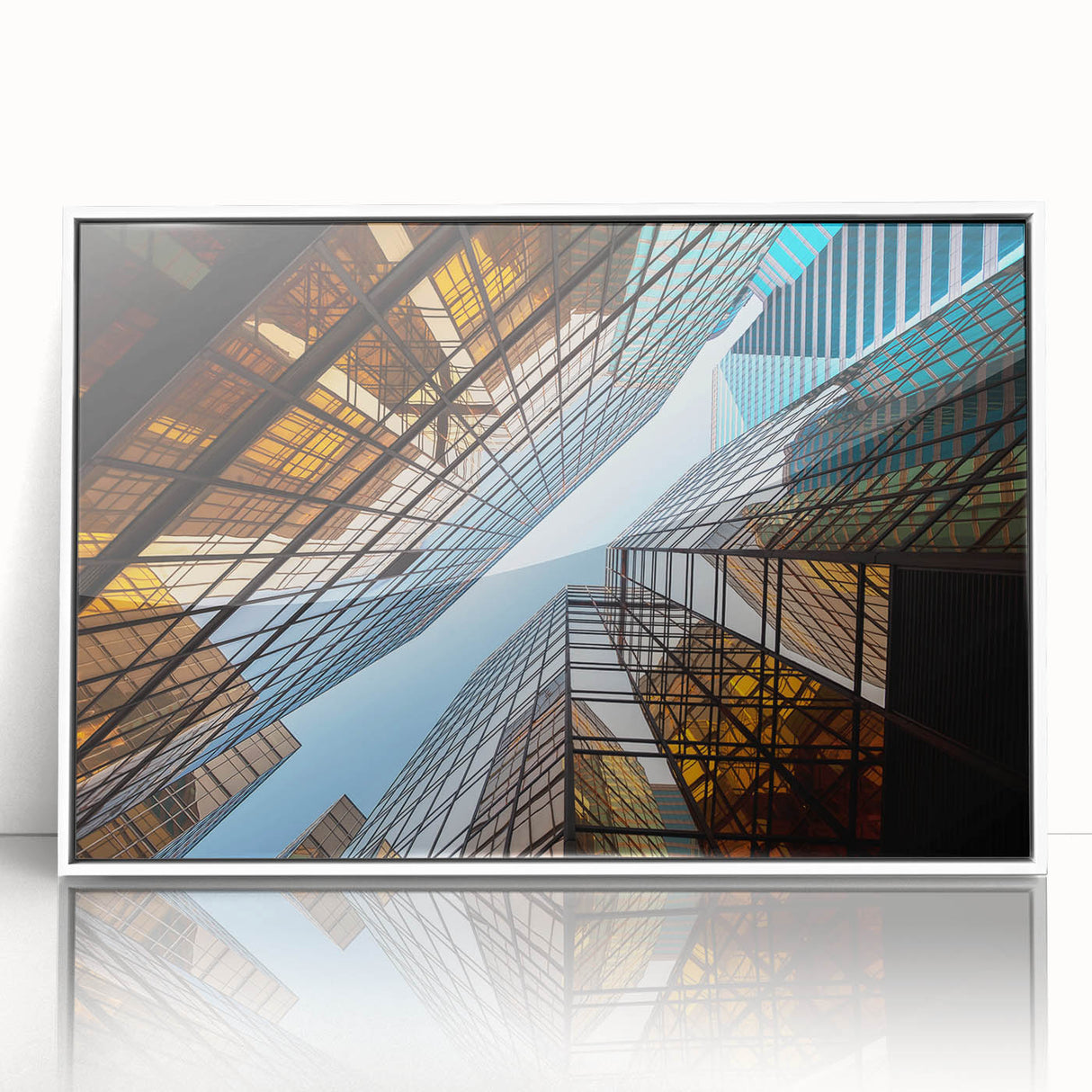 Mid-century modernist skyscraper in gray and white tones on a framed acrylic, suitable for modern art wall decor.