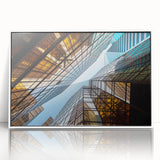 Mid-century modernist skyscraper in gray and white tones on a framed acrylic, suitable for modern art wall decor.