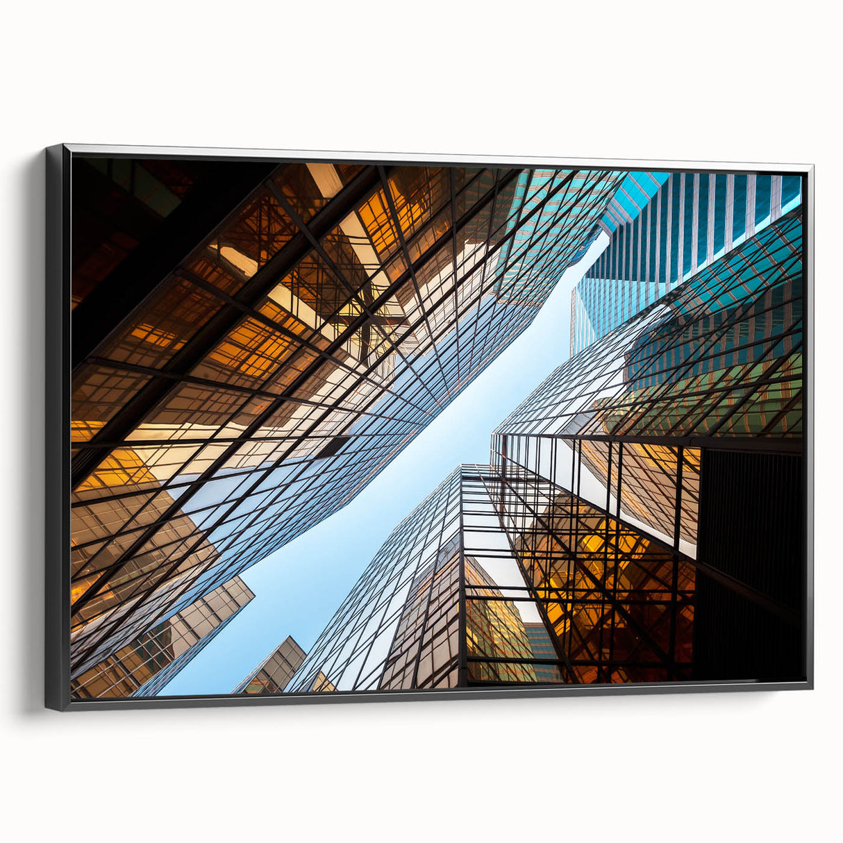 Framed canvas featuring a black and white vintage poster art of skyscrapers, ideal for bedroom wall decor.