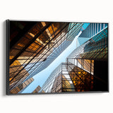 Framed canvas featuring a black and white vintage poster art of skyscrapers, ideal for bedroom wall decor.