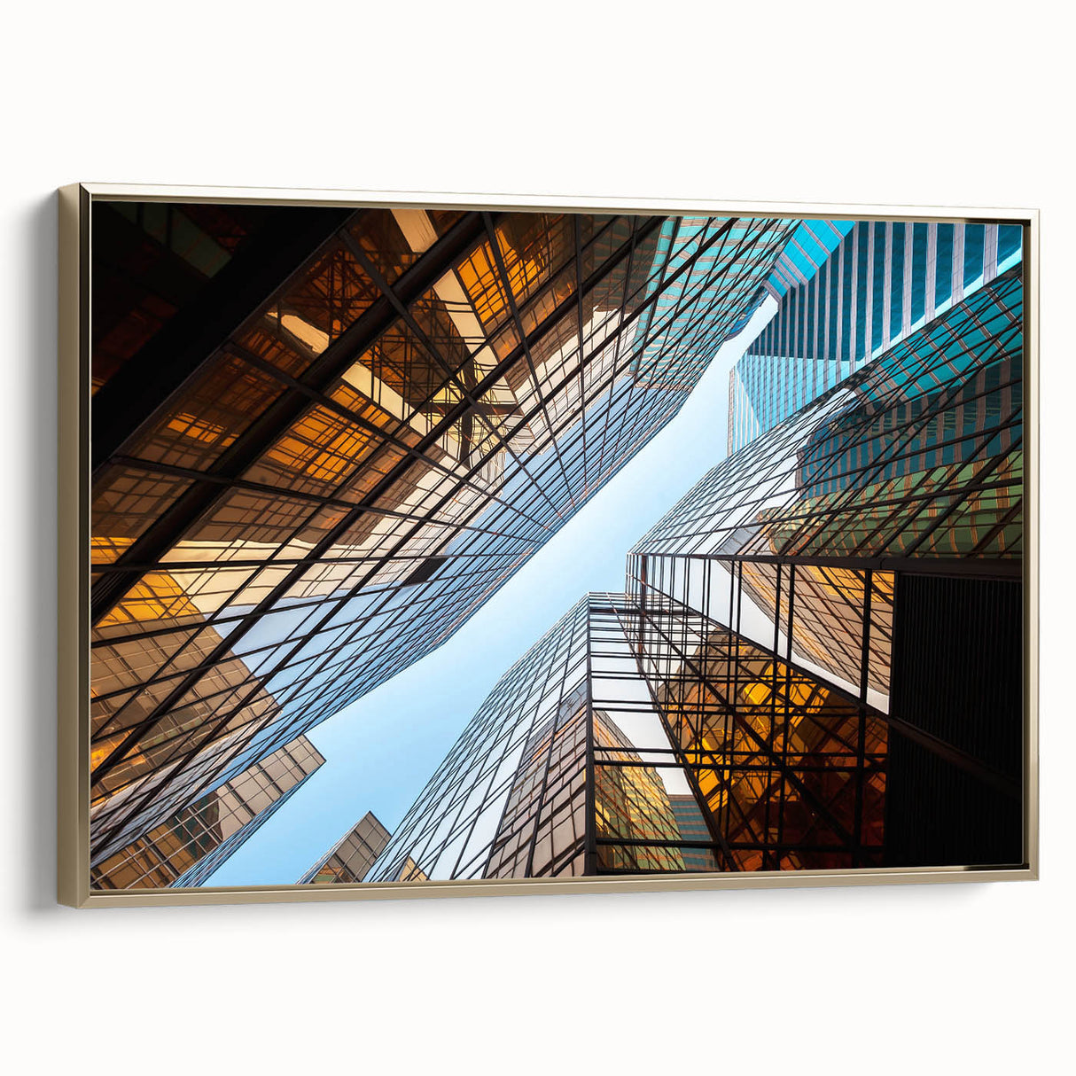 Framed canvas featuring a vintage poster of a black skyscraper landscape with colorful accents, ideal for office decor.