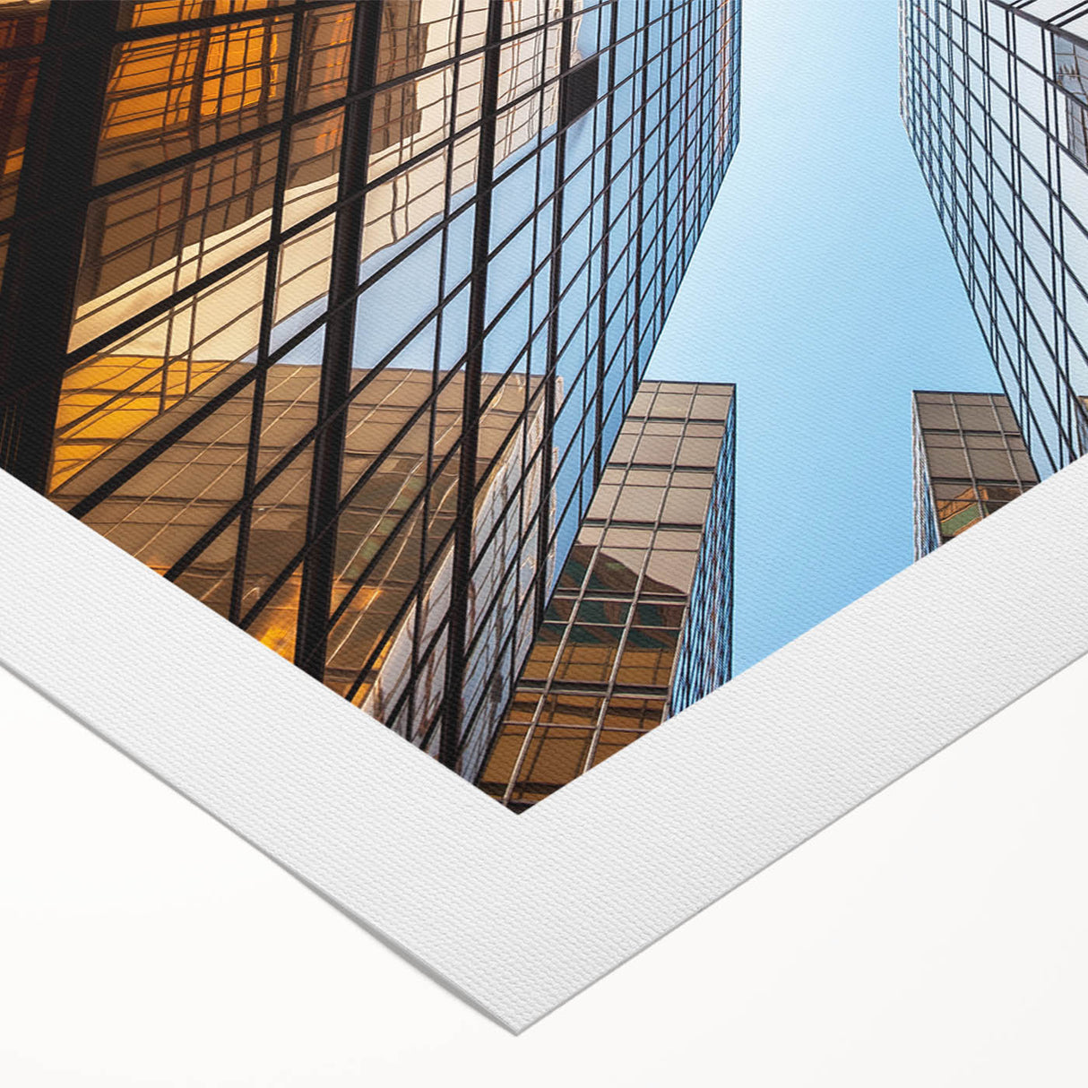 Art deco skyscraper design on rolled canvas in muted metallic tones, suitable for dining room wall art.