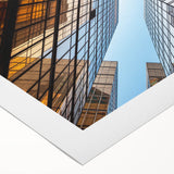 Art deco skyscraper design on rolled canvas in muted metallic tones, suitable for dining room wall art.