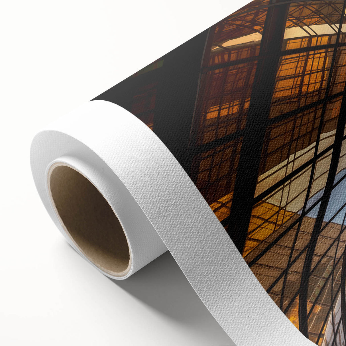 Art Deco style poster featuring a geometric skyscraper design in monochrome, printed on rolled canvas.