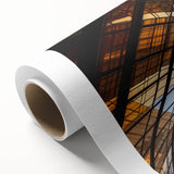 Art Deco style poster featuring a geometric skyscraper design in monochrome, printed on rolled canvas.