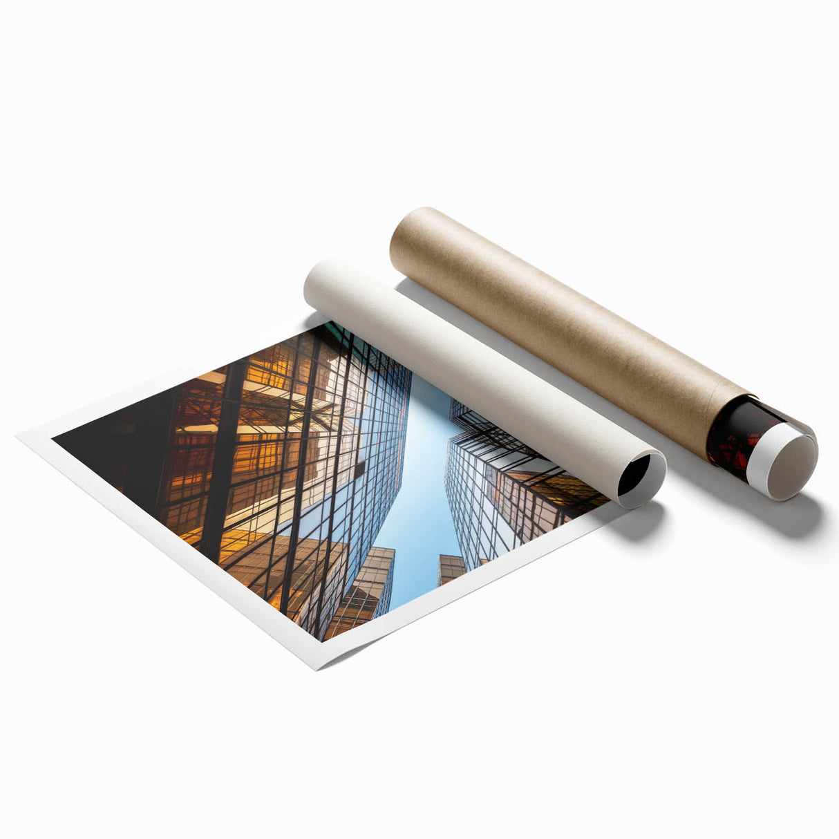 Extra large rolled print of a skyscraper architecture design, featuring muted metallic tones.