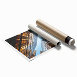 Extra large rolled print of a skyscraper architecture design, featuring muted metallic tones.