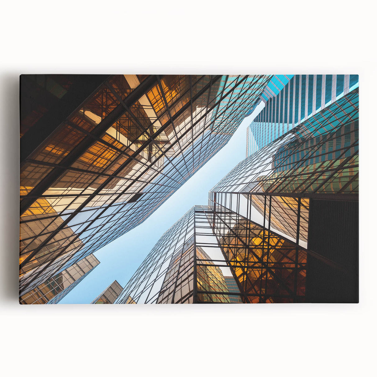 Black and white photo of skyscrapers on stretched canvas, suitable for kitchen wall art.