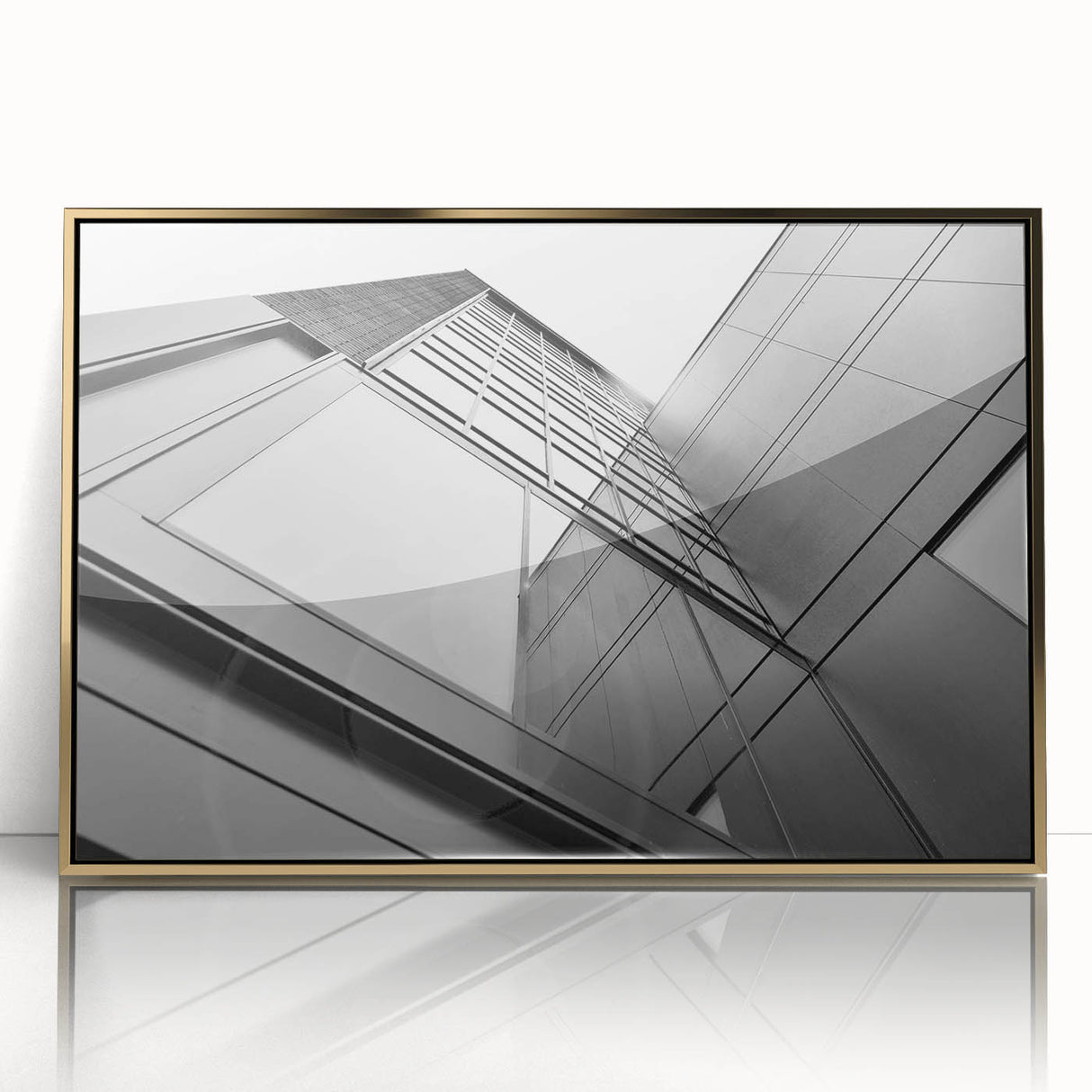 Mid-century modernist art of gold-tinted skyscraper on framed acrylic, ideal for modern art wall decor.
