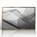 Mid-century modernist art of gold-tinted skyscraper on framed acrylic, ideal for modern art wall decor.
