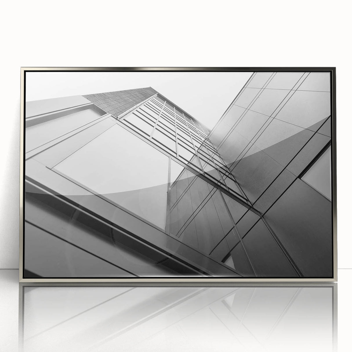 Art deco poster of a skyscraper, in silver and gray tones, framed acrylic, ideal for modern art wall decor.