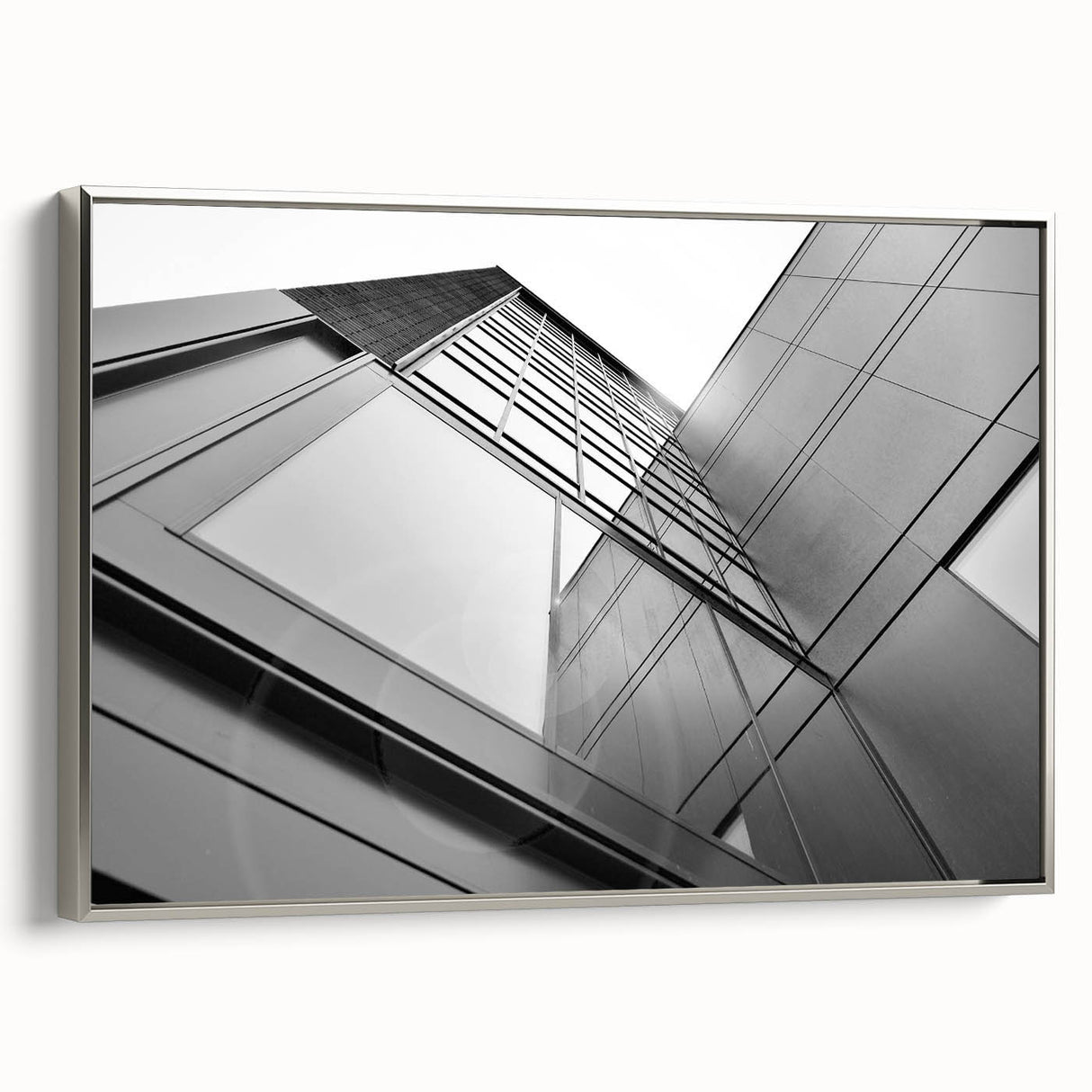 Vintage poster art of a skyscraper, framed canvas in silver, featuring black and colorful art, ideal for living room decor.