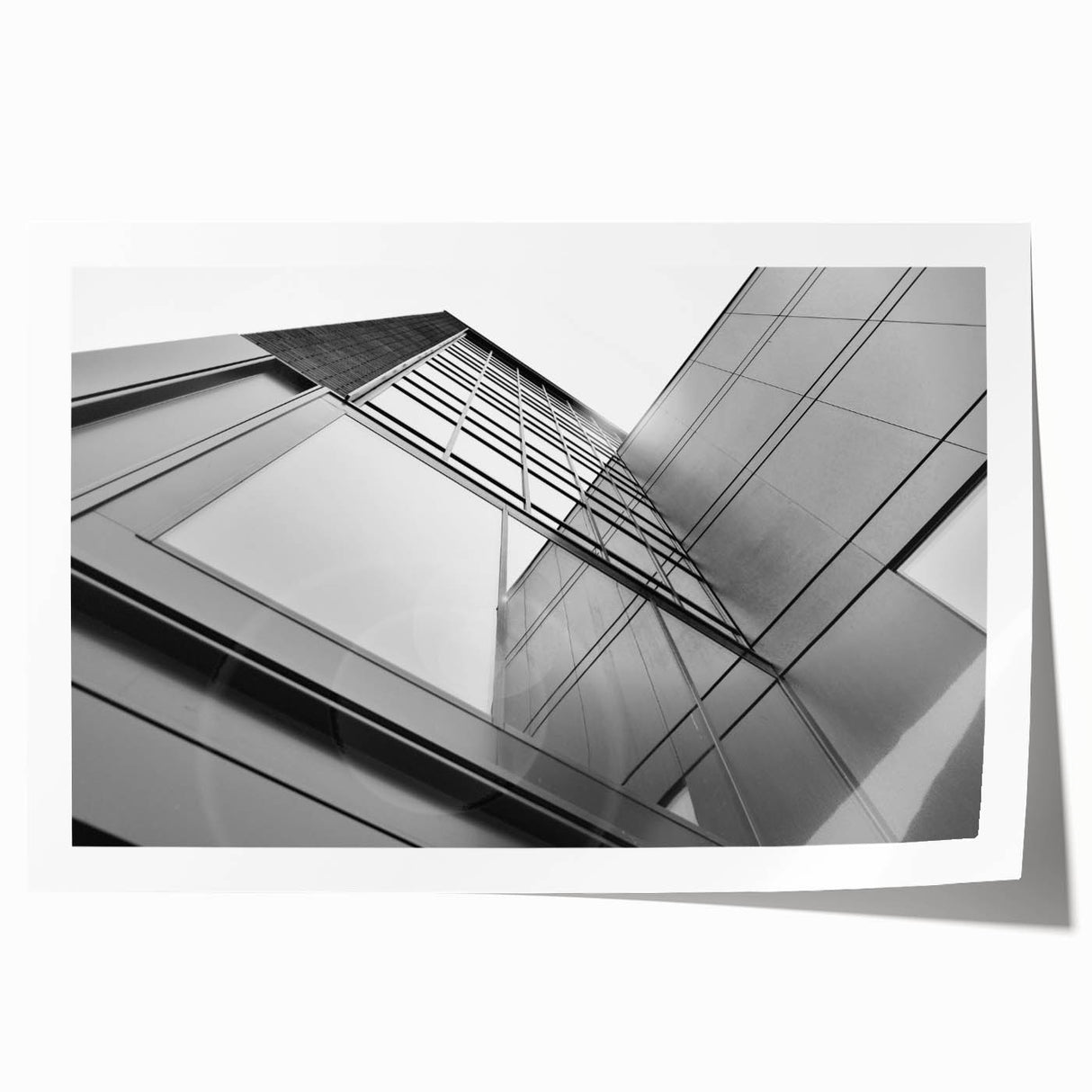 Extra large rolled print of a skyscraper design in grayscale, suitable for art wall dining room.