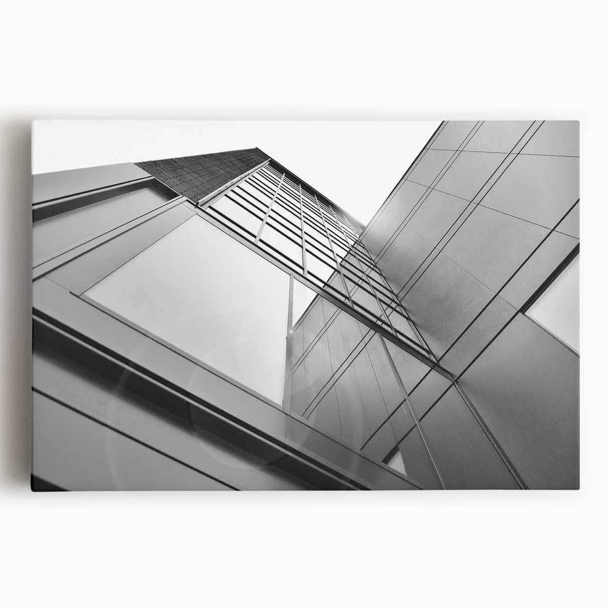 Black and white large art print of a skyscraper design on stretched canvas, suitable for kitchen wall art.