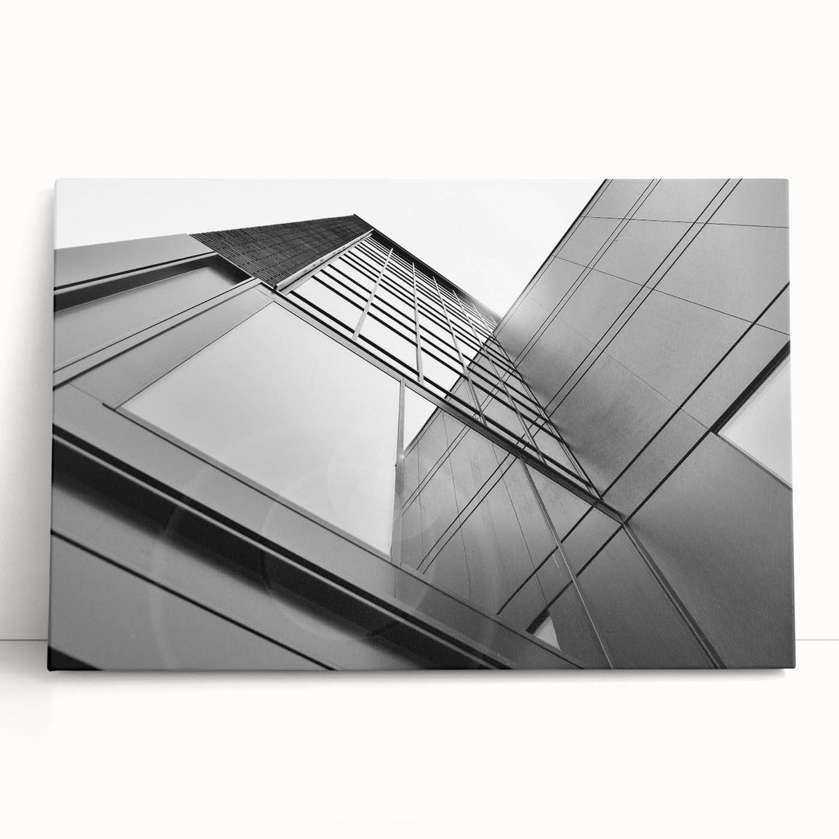 Large black and white photograph of skyscrapers on stretched canvas, suitable for kitchen wall art or bedroom ambiance.