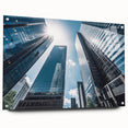 Large abstract wall art of skyscrapers in muted gray tones on acrylic glass, ideal for modern bedroom or dining room decor.