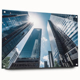 Large abstract wall art of skyscrapers in muted gray tones on acrylic glass, ideal for modern bedroom or dining room decor.