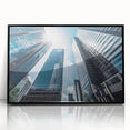 Large abstract wall art depicting skyscrapers in muted gray tones, acrylic print in a black frame.