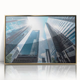 Mid-century modernist art of a gold-framed acrylic skyscraper design, ideal for modern art wall decor.