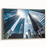 Framed canvas featuring a vintage poster of black skyscrapers with colorful art accents, ideal for office decor.