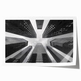 Minimalist skyscraper design on a rolled print, in muted gray tones, suitable for art wall dining room.
