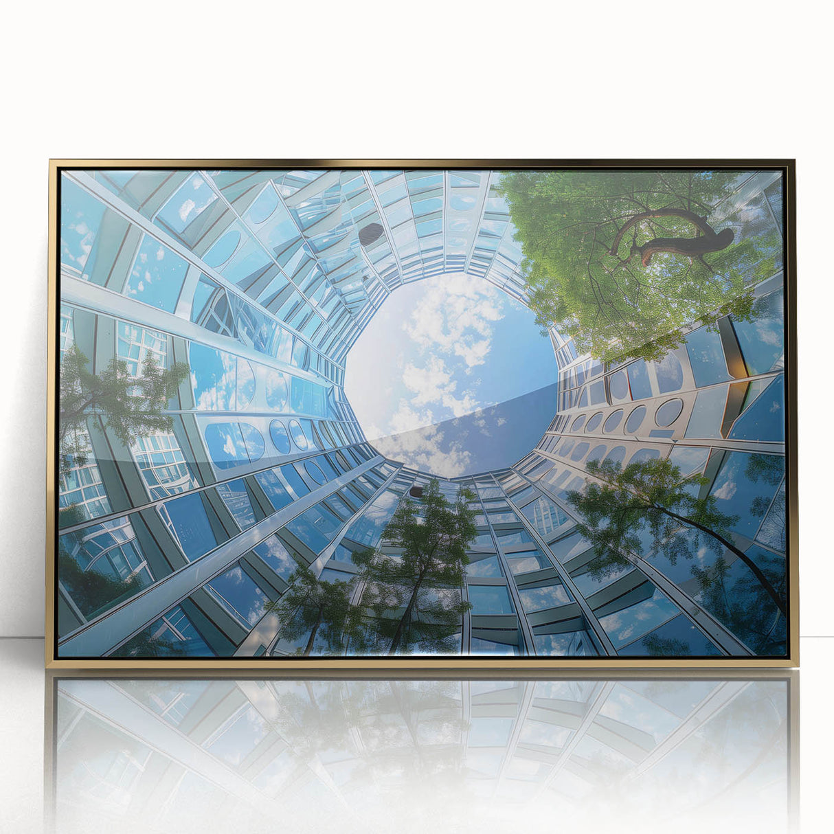 Mid-century modernist art depicting skyscrapers in gold and black tones on a framed acrylic.