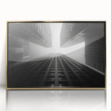 Mid-century modernist skyscraper design in gold and black tones on a framed acrylic, suitable for modern art wall decor.