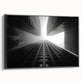Black and white wall art of a vintage skyscraper design on framed canvas, suitable for bedroom decor.