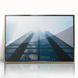 Mid-century modernist art of skyscrapers, framed acrylic with gold tones, ideal for modern art wall decor.