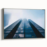 Vintage poster art of a skyscraper, in black and colorful tones on a framed canvas, ideal for living room decor.
