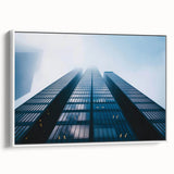 Framed canvas featuring a monochrome vintage skyscraper design, ideal for bedroom wall art.