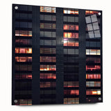 Acrylic glass print of a modern skyscraper design in gray and silver tones, suitable for bedroom or dining room decor.