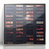 Art Deco-style skyscraper design in silver and gray tones on a framed acrylic, suitable for modern art wall decor.