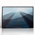Large abstract wall art of skyscrapers in muted gray tones, framed in black acrylic, suitable for modern office decor.