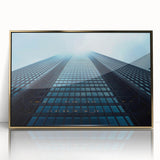 Mid-century modernist skyscraper design in gold and black tones, framed acrylic print, suitable for modern art wall decor.
