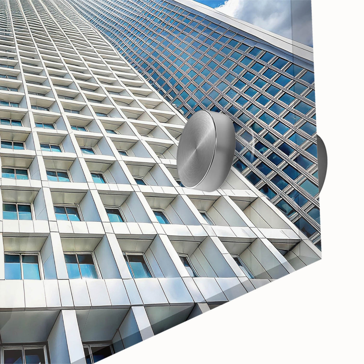 Large abstract wall art featuring a close-up of a skyscraper in muted gray tones on acrylic glass.