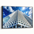 Black and white wall art of a vintage skyscraper design on framed canvas, ideal for bedroom decor.