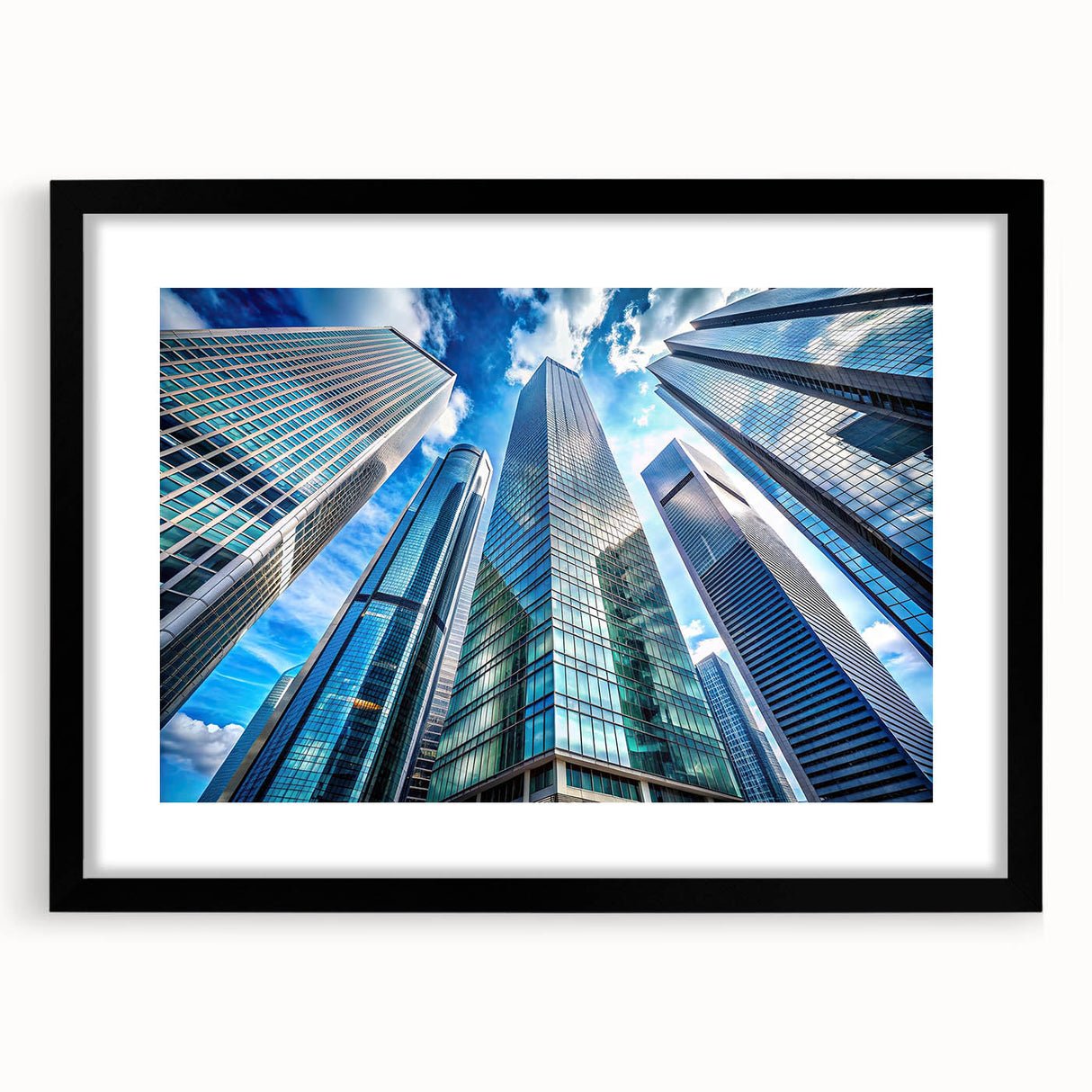 Extra large abstract art print featuring colorful, textured skyscraper designs on a framed black mat.