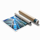 Extra large rolled print of a skyscraper with muted metallic tones, suitable for classy bathroom wall art.