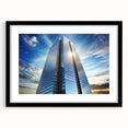Extra large abstract art print of colorful, textured skyscrapers on a black framed canvas, suitable for living room decor.