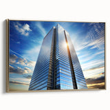 Framed canvas featuring a vintage poster art of a black skyscraper landscape with colorful accents, ideal for office decor.