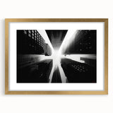 Textured art print of abstract skyscrapers in muted gold tones on a framed canvas, suitable for bedroom decor.