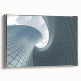 Vintage poster art of a skyscraper, framed canvas in silver, featuring a black and colorful palette.