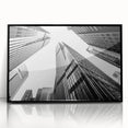 Large abstract wall art featuring a black and white skyscraper design on a framed acrylic, suitable for modern office decor.