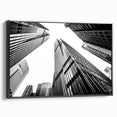 Black and white framed canvas of skyscraper architecture, ideal for bedroom wall art in a vintage poster style.