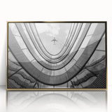 Mid-century modernist acrylic print of skyscrapers in gold tones, suitable for modern art wall decor.
