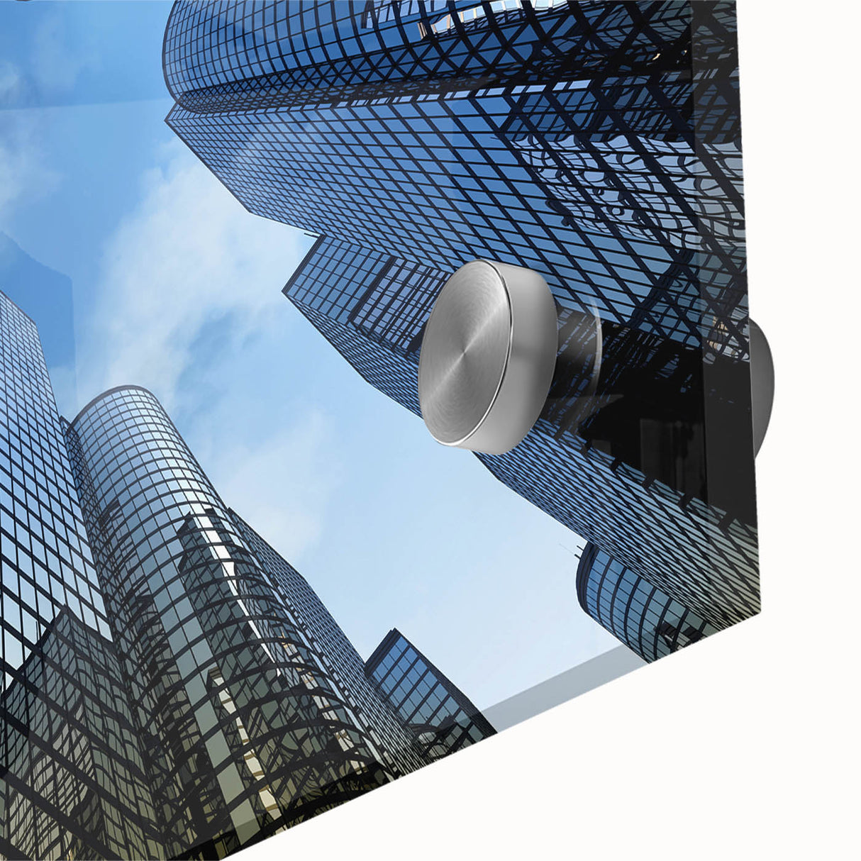 Mid-century modernist skyscraper design in muted gray tones on large acrylic glass, ideal for dining room art.